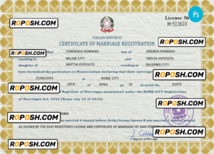 Italy marriage certificate PSD template, fully editable