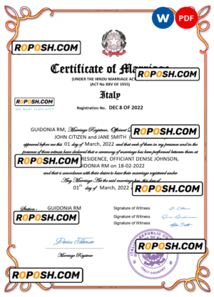 Italy marriage certificate Word and PDF template, fully editable