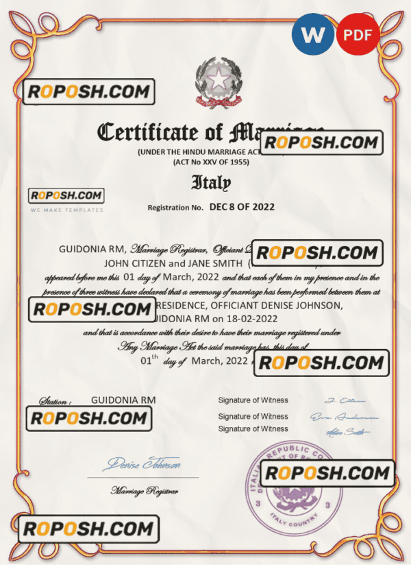 Italy marriage certificate Word and PDF template, fully editable