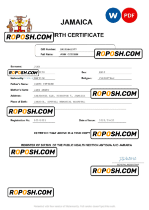 Jamaica vital record birth certificate Word and PDF template, completely editable