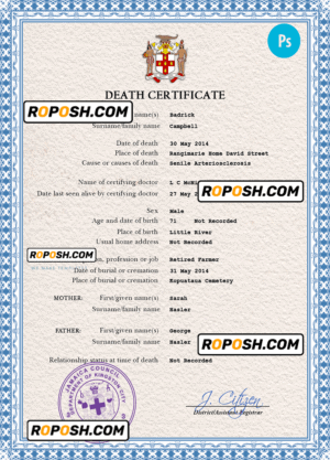 Jamaica death certificate PSD template, completely editable