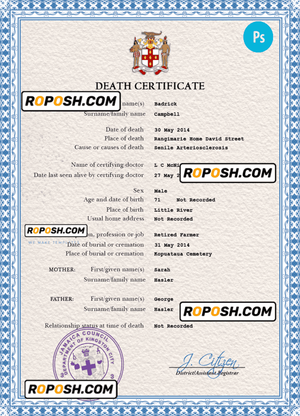 Jamaica death certificate PSD template, completely editable