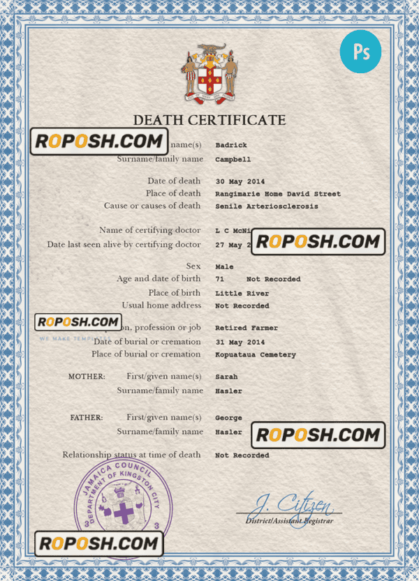 Jamaica death certificate PSD template, completely editable