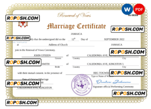 Jamaica marriage certificate Word and PDF template, completely editable