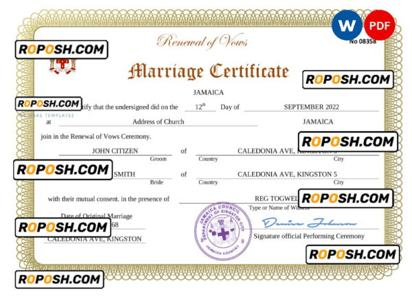 Jamaica marriage certificate Word and PDF template, completely editable