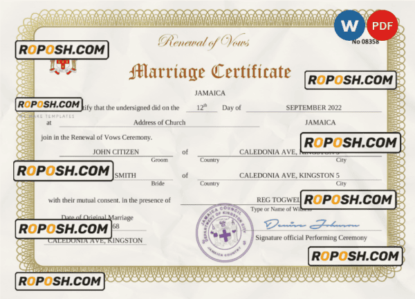 Jamaica marriage certificate Word and PDF template, completely editable