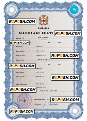 Jamaica marriage certificate PSD template, completely editable