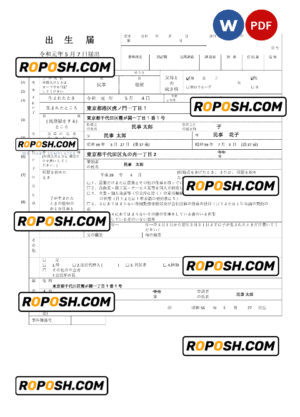 Japan birth certificate (日本の出生証明書) Word and PDF template, fully editable