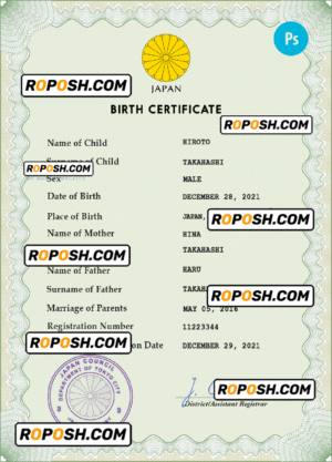 Japan vital record birth certificate PSD template