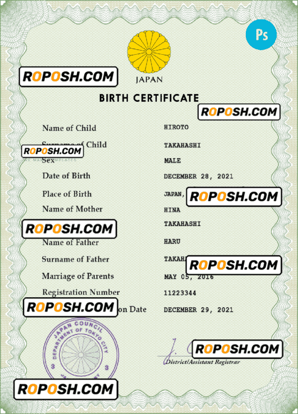 Japan vital record birth certificate PSD template