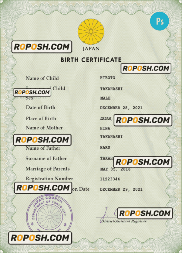 Japan vital record birth certificate PSD template