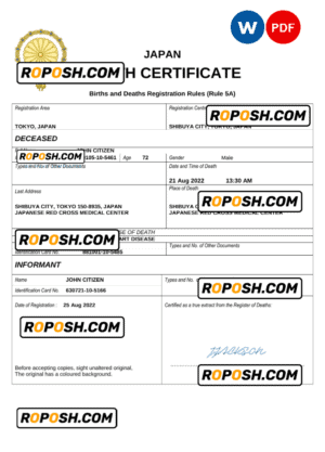 Japan death certificate Word and PDF template, completely editable