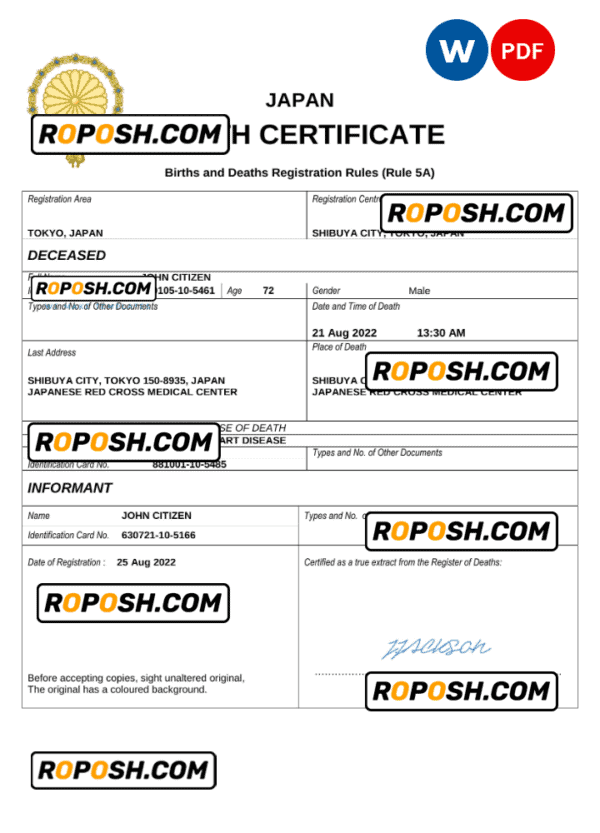 Japan death certificate Word and PDF template, completely editable