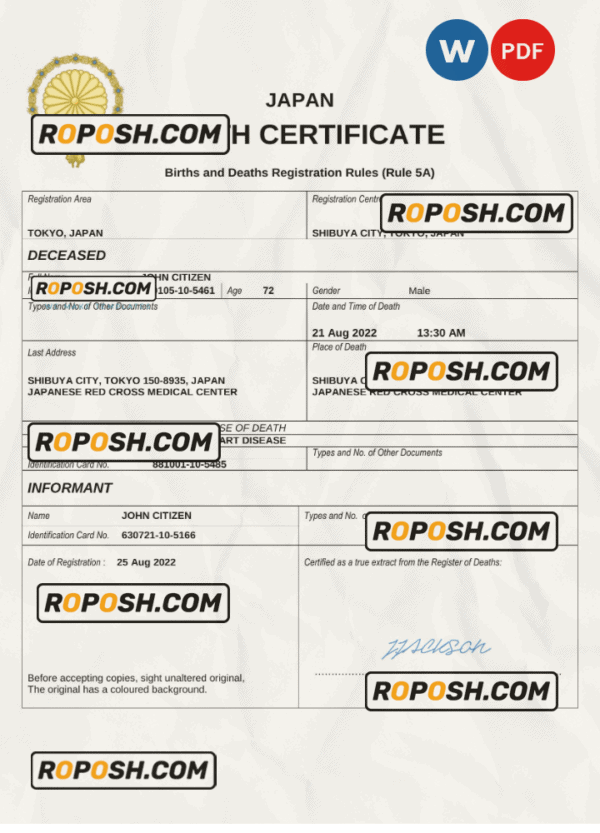Japan death certificate Word and PDF template, completely editable