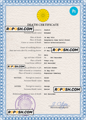 Japan vital record death certificate PSD template