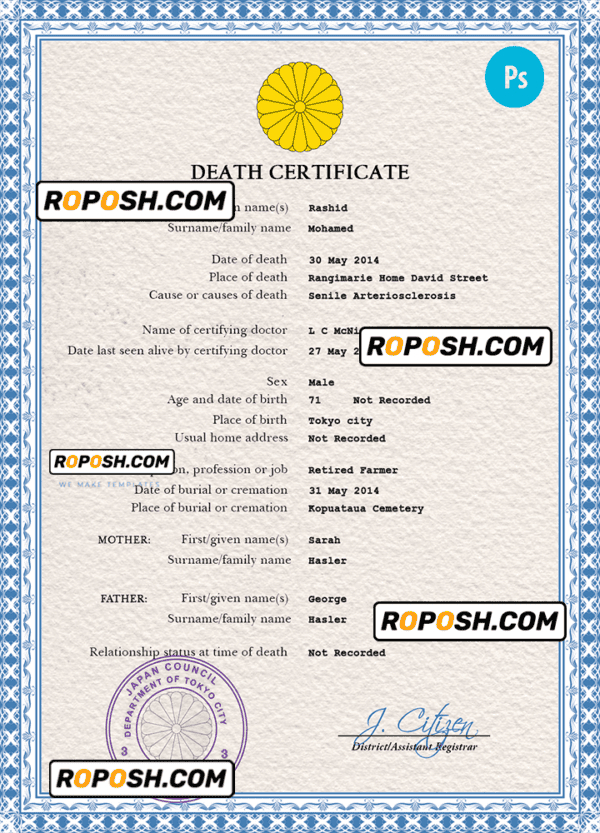 Japan vital record death certificate PSD template