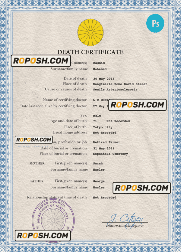 Japan vital record death certificate PSD template