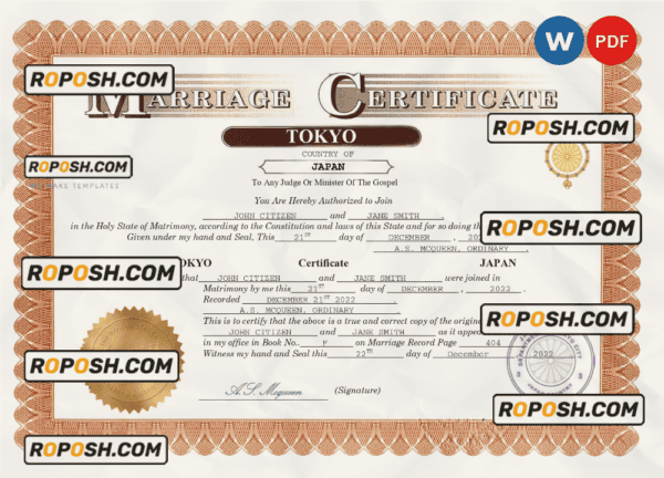 Japan marriage certificate Word and PDF template, fully editable