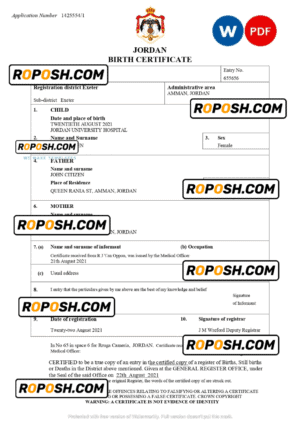 Jordan birth certificate Word and PDF template, completely editable