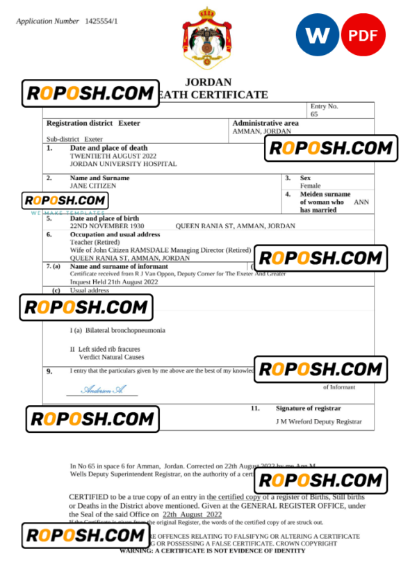 Jordan vital record death certificate Word and PDF template