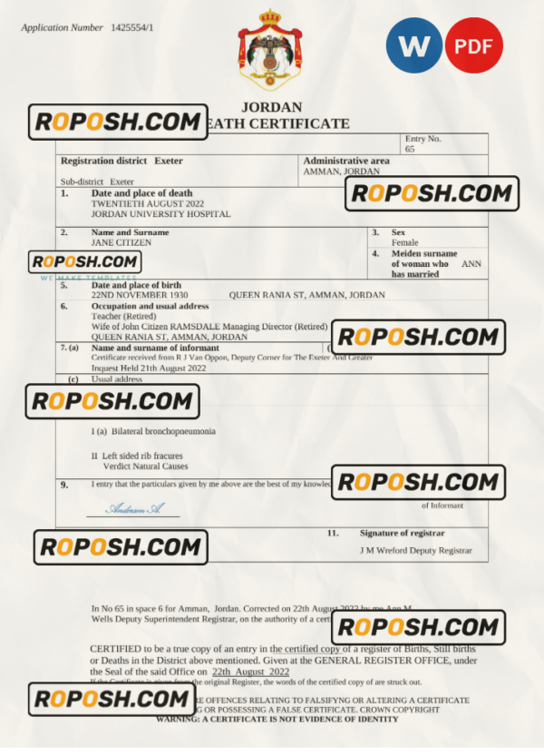 Jordan vital record death certificate Word and PDF template scan effect