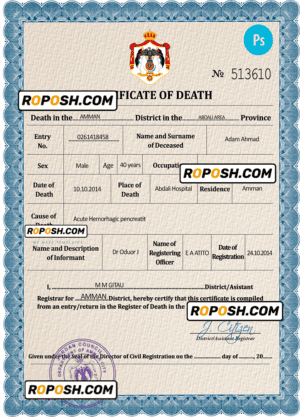 Jordan vital record death certificate PSD template, completely editable