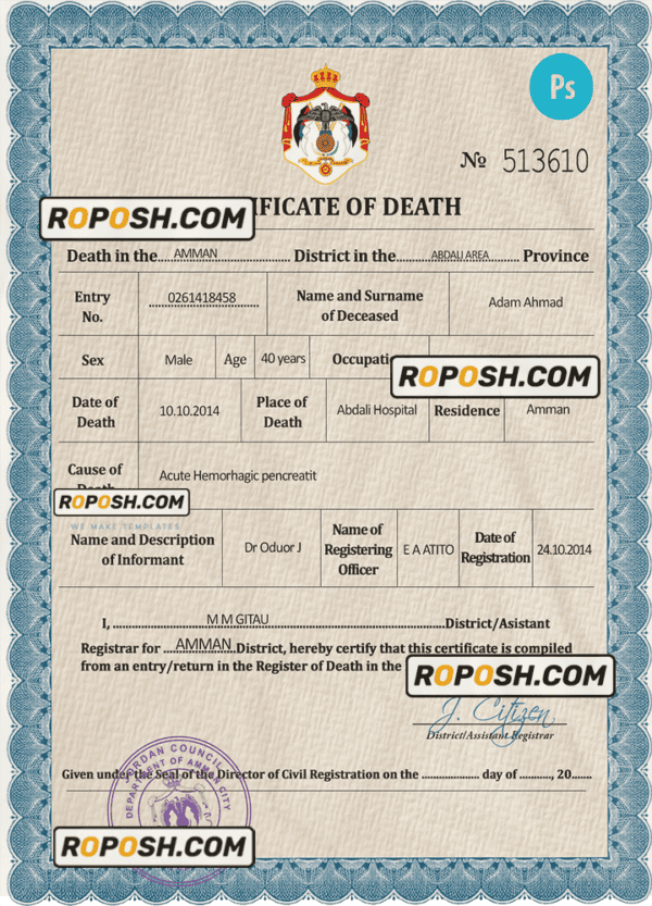 Jordan vital record death certificate PSD template, completely editable