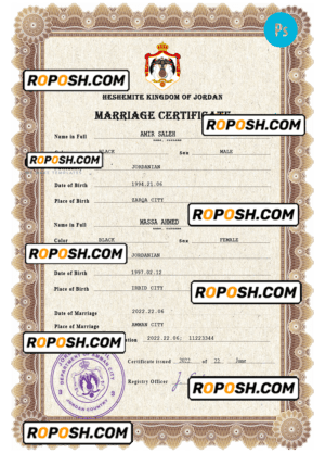 Jordan marriage certificate PSD template, completely editable