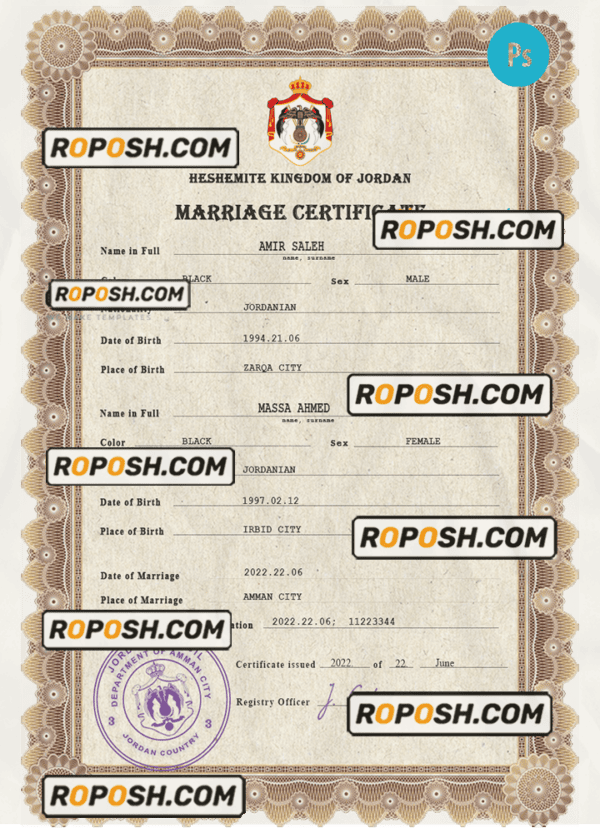 Jordan marriage certificate PSD template, completely editable