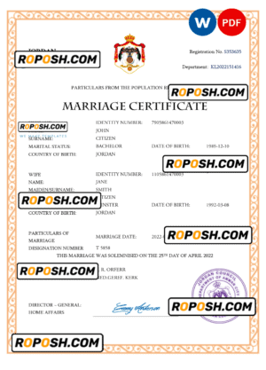 Jordan marriage certificate Word and PDF template, completely editable