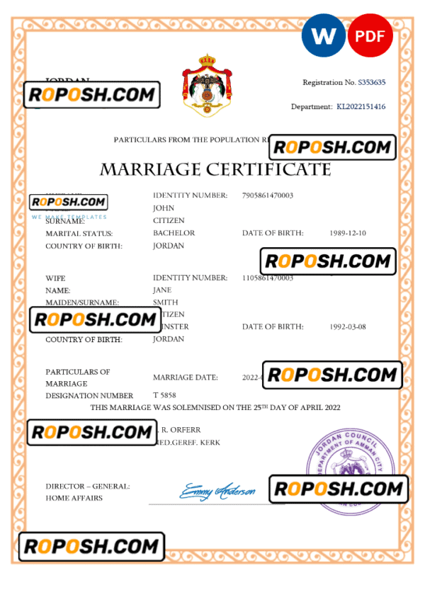 Jordan marriage certificate Word and PDF template, completely editable