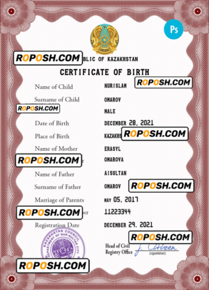 Kazakhstan birth certificate PSD template, completely editable