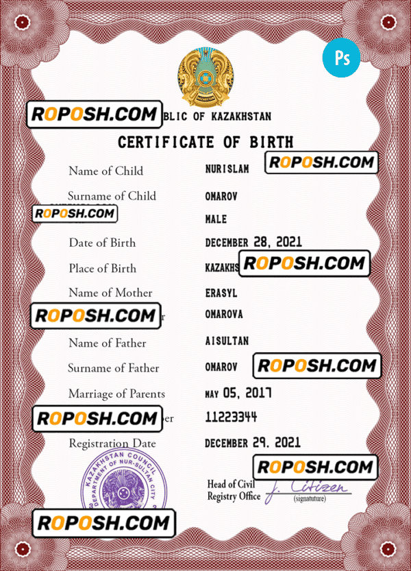 Kazakhstan birth certificate PSD template, completely editable
