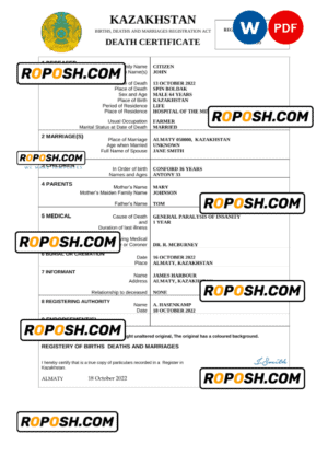 Kazakhstan death certificate Word and PDF template, completely editable