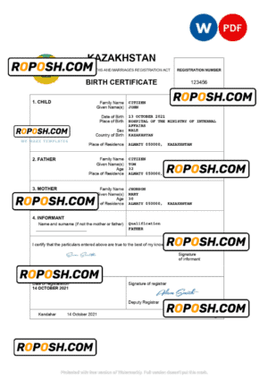 Kazakhstan vital record birth certificate Word and PDF template, completely editable