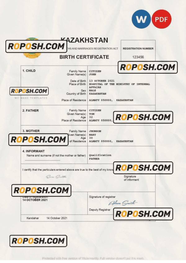 Kazakhstan vital record birth certificate Word and PDF template, completely editable