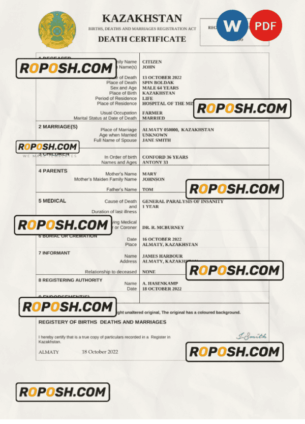 Kazakhstan death certificate Word and PDF template, completely editable