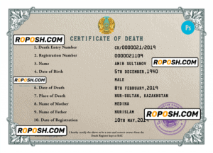 Kazakhstan death certificate PSD template, completely editable