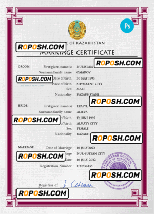 Kazakhstan marriage certificate PSD template, fully editable