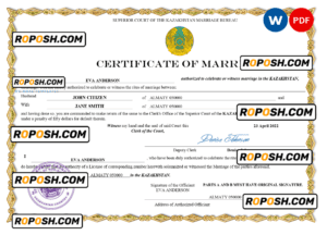 Kazakhstan marriage certificate Word and PDF template, fully editable