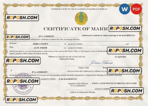 Kazakhstan marriage certificate Word and PDF template, fully editable