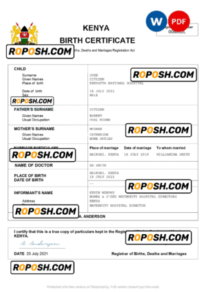 Kenya vital record birth certificate Word and PDF template, completely editable