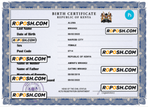 Kenya vital record birth certificate PSD template, fully editable