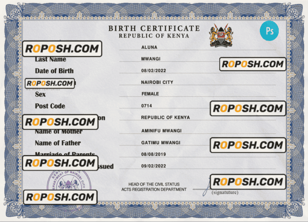 Kenya vital record birth certificate PSD template, fully editable