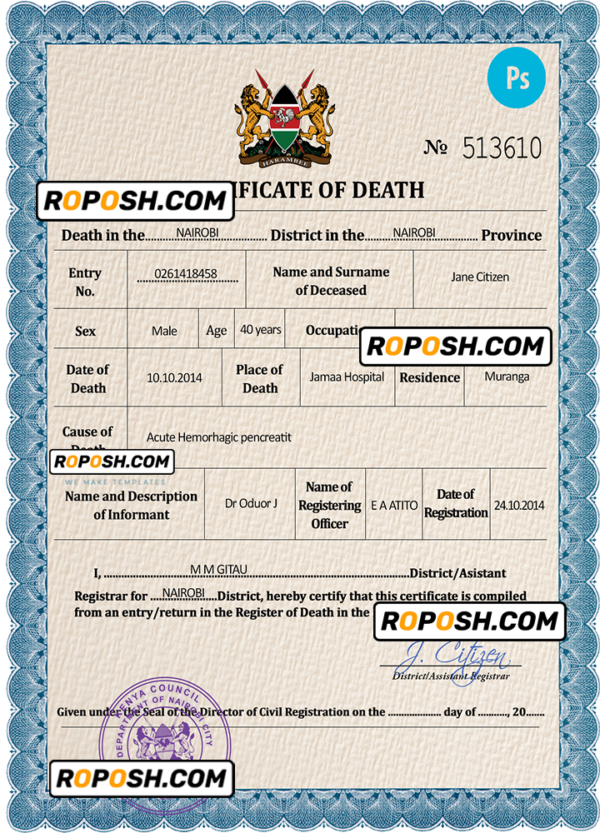 Kenya vital record death certificate PSD template, fully editable