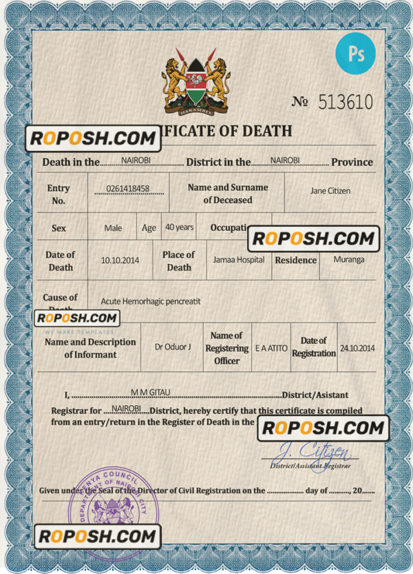 Kenya vital record death certificate PSD template, fully editable scan effect