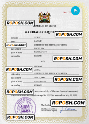 Kenya marriage certificate PSD template, completely editable