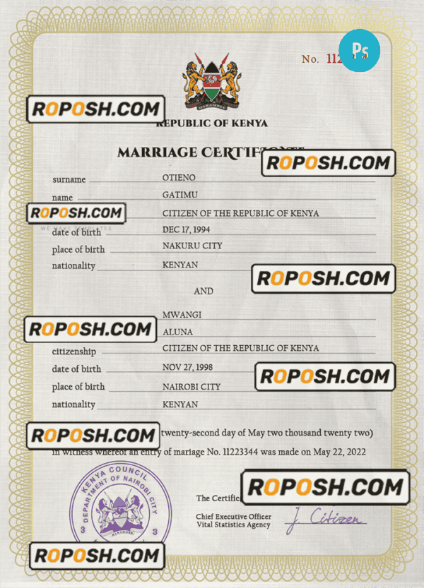 Kenya marriage certificate PSD template, completely editable