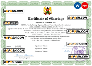 Kenya marriage certificate Word and PDF template, completely editable