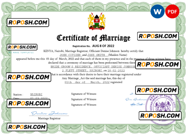 Kenya marriage certificate Word and PDF template, completely editable
